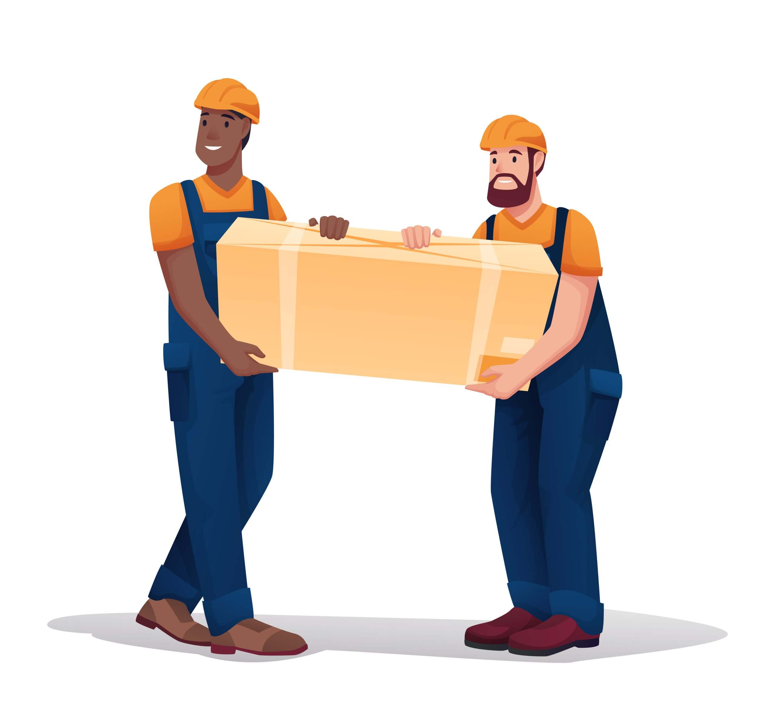 People carrying, delivering big box. Delivery workers working in warehouse, men with goods in carton packaging in hands, two guys with load on white background.