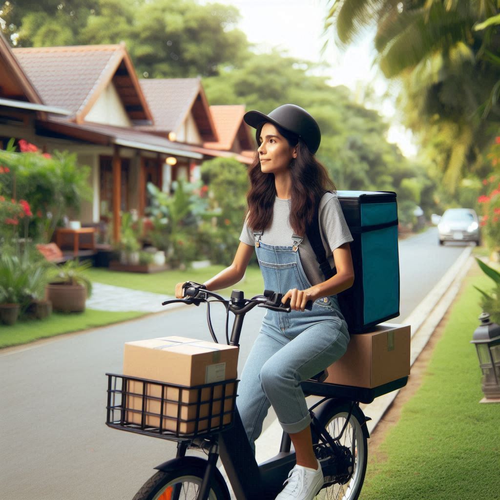 Crowdsourced delivery person on an electric vehicle in a residential area